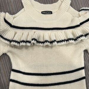 SHEIN Cream Off-Shoulder Ruffle Stripe Sweater